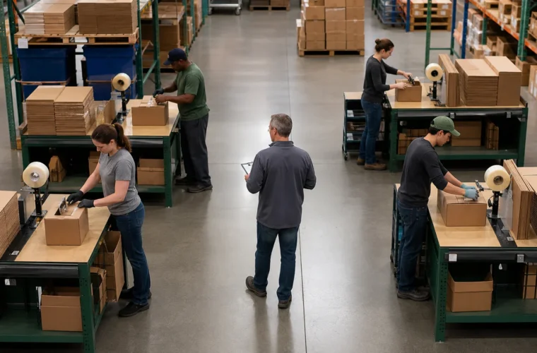 Fulfillment centers expanding a tape process across stations reviewing multi-station water-activated tape rollout requirements at a packing station