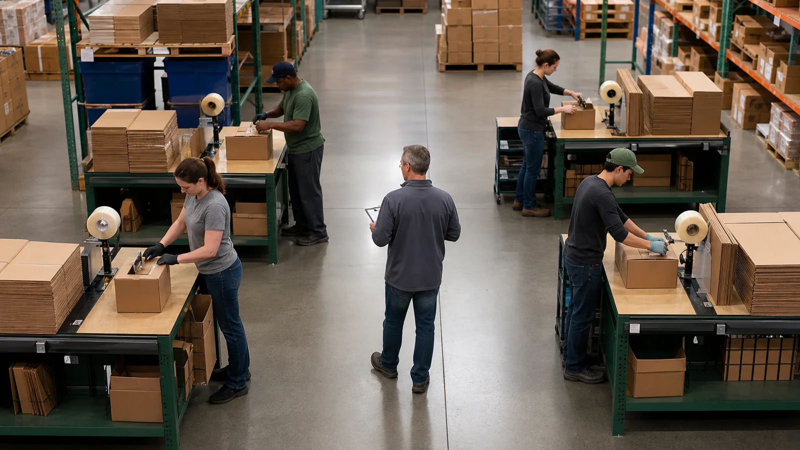 Fulfillment centers expanding a tape process across stations reviewing multi-station water-activated tape rollout requirements at a packing station