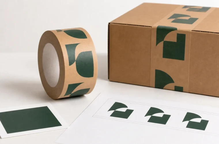 Brown kraft tape roll with a single green geometric logo beside a sealed carton and printed artwork sheets