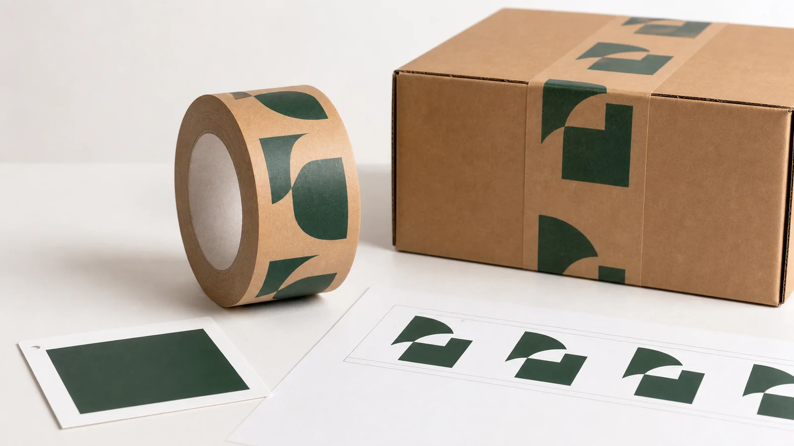 Brown kraft tape roll with a single green geometric logo beside a sealed carton and printed artwork sheets