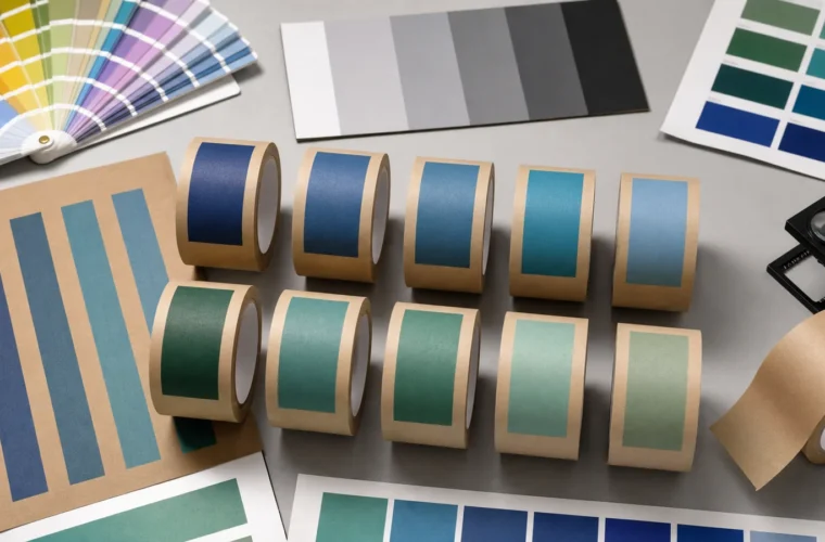 Design and sourcing teams communicating brand colors reviewing packaging tape color reference guide requirements at a packing station