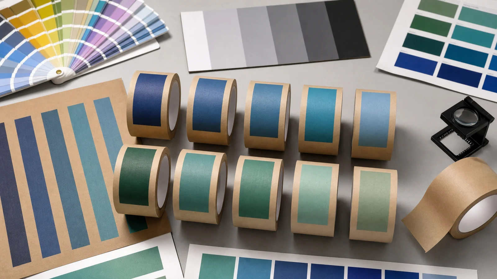 Design and sourcing teams communicating brand colors reviewing packaging tape color reference guide requirements at a packing station