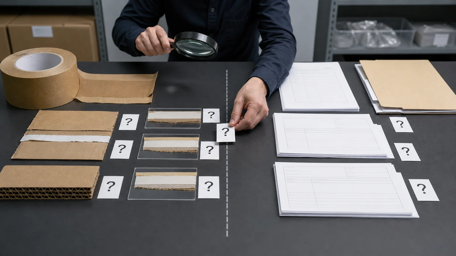 B2B buyers reviewing recycling statements reviewing packaging tape recyclability evidence requirements at a packing station