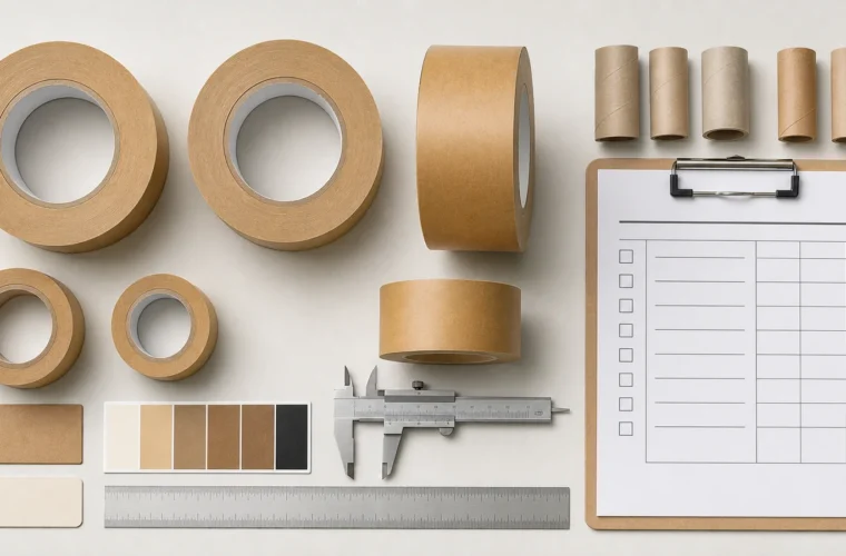 Buyers documenting roll and dispenser requirements reviewing packaging tape roll specification requirements at a packing station
