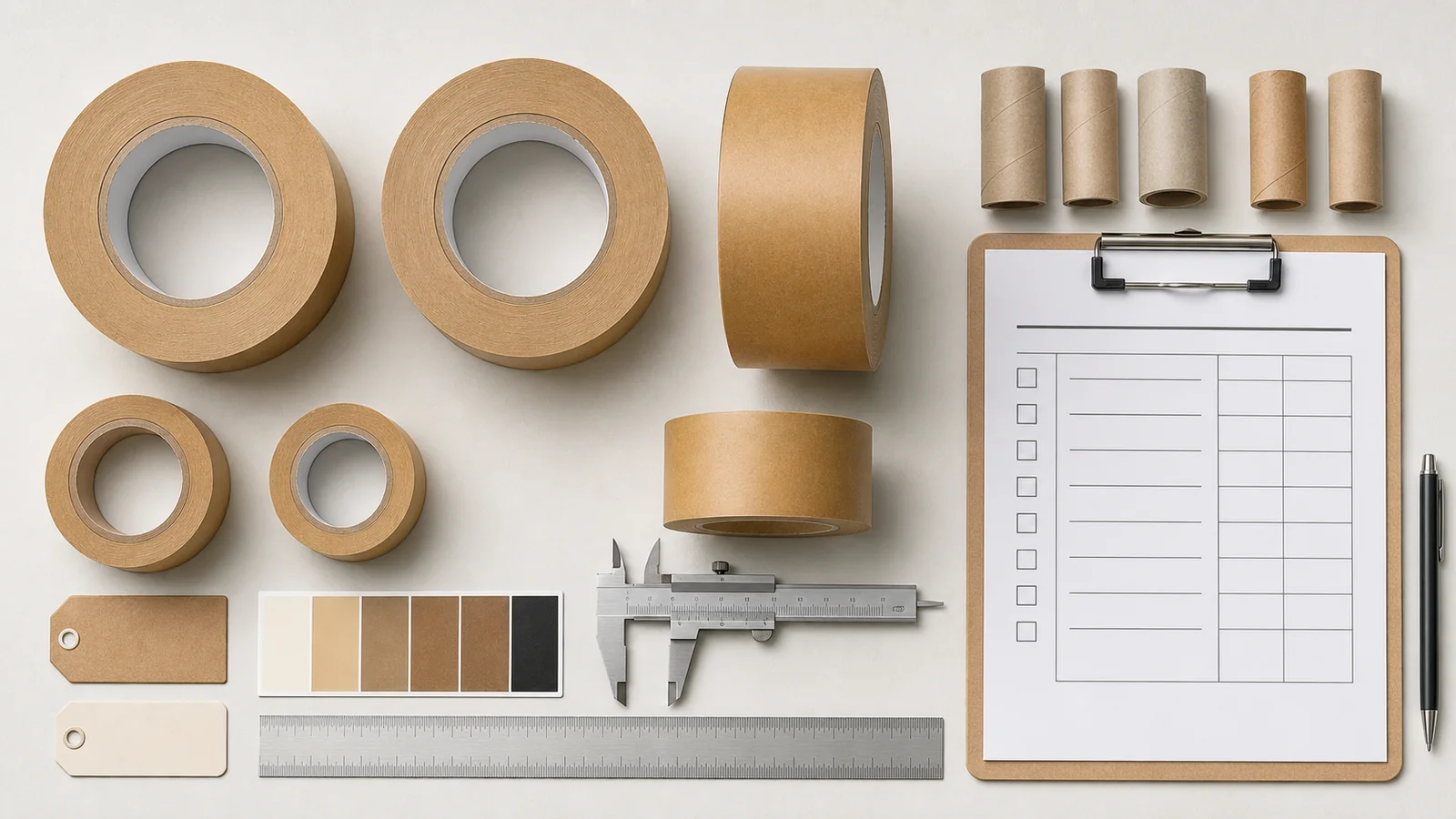 Buyers documenting roll and dispenser requirements reviewing packaging tape roll specification requirements at a packing station