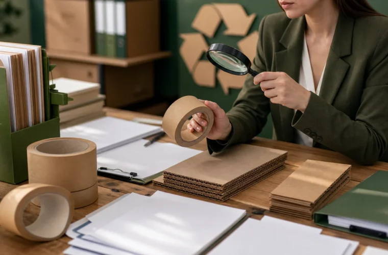 Sustainability and packaging teams reviewing marketing language reviewing paper packaging tape environmental claims requirements at a packing station