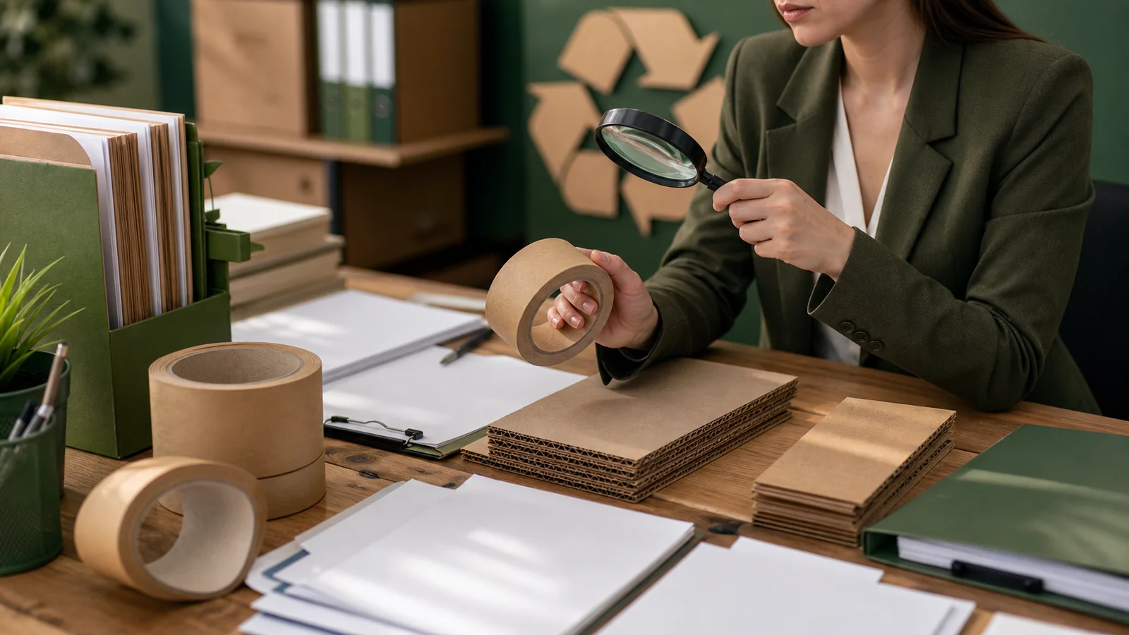 Sustainability and packaging teams reviewing marketing language reviewing paper packaging tape environmental claims requirements at a packing station