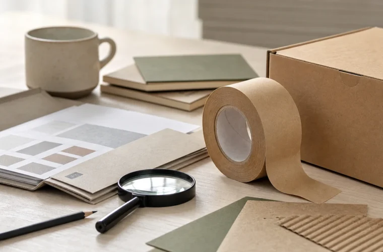 Kraft paper tape and corrugated material samples arranged for a documentation review