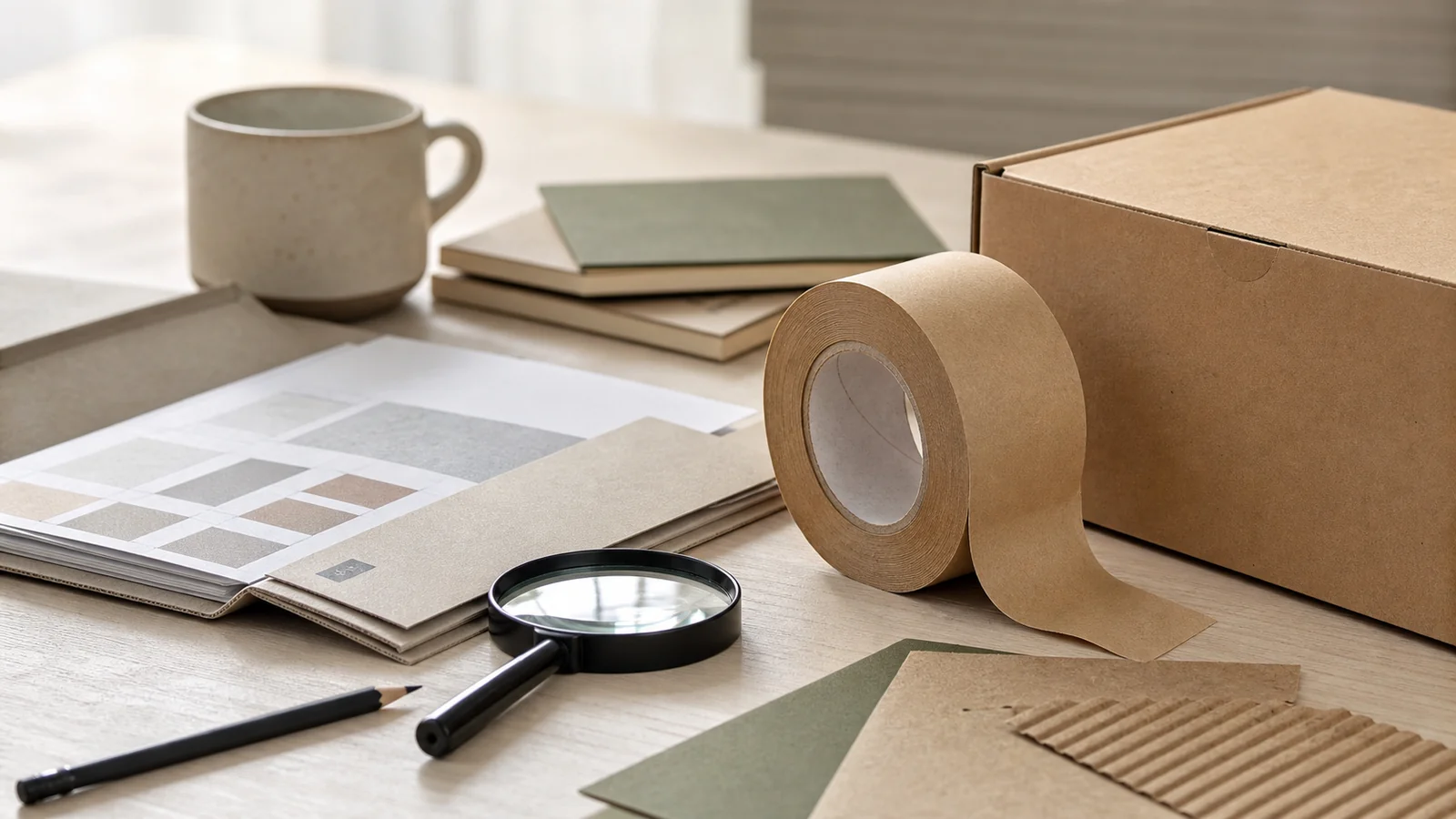 Kraft paper tape and corrugated material samples arranged for a documentation review