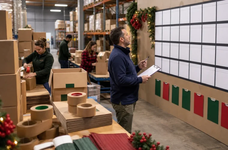 E-commerce operations teams preparing peak demand reviewing peak season custom packaging tape planning requirements at a packing station