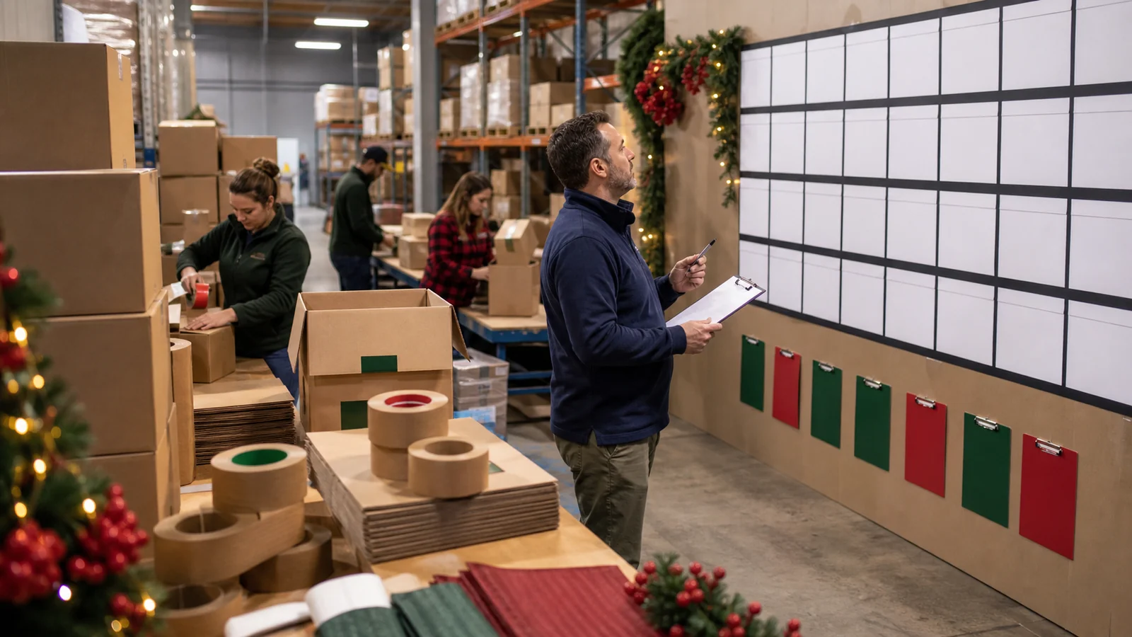 E-commerce operations teams preparing peak demand reviewing peak season custom packaging tape planning requirements at a packing station