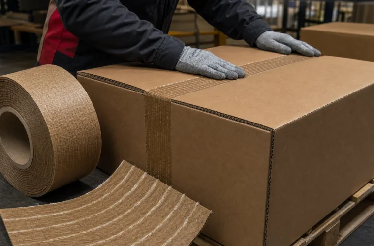 Buyers reviewing tape for heavier packed cartons reviewing reinforced gummed tape for heavier cartons requirements at a packing station