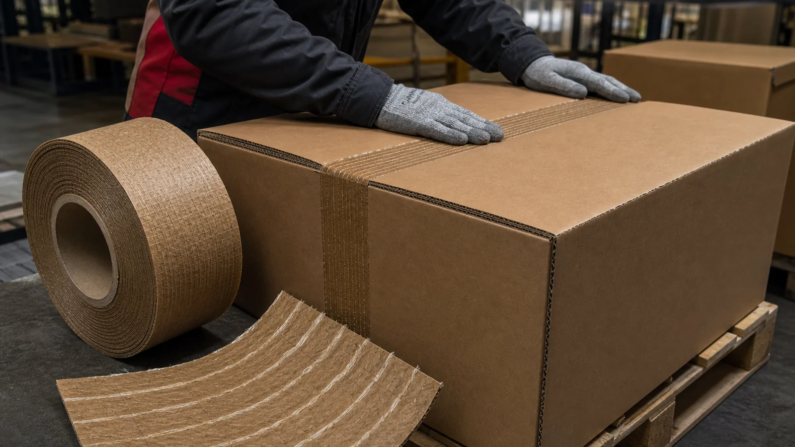 Buyers reviewing tape for heavier packed cartons reviewing reinforced gummed tape for heavier cartons requirements at a packing station