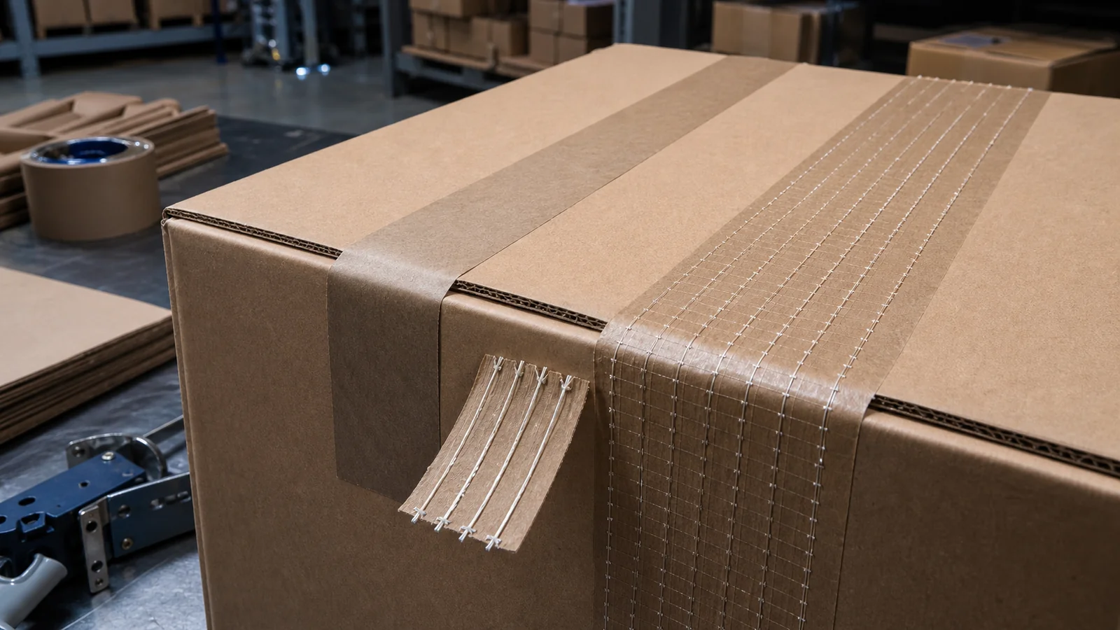 Plain and reinforced water-activated kraft tape compared on a corrugated shipping carton