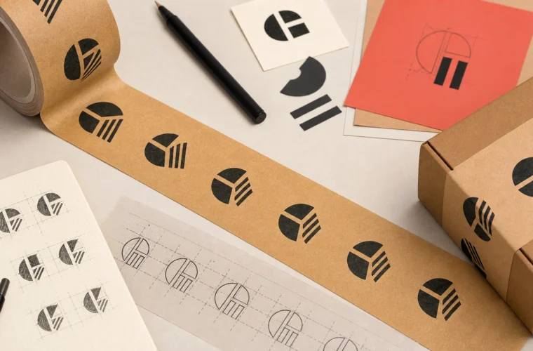 Designers creating repeating branded tape reviewing repeating logo pattern packaging tape requirements at a packing station