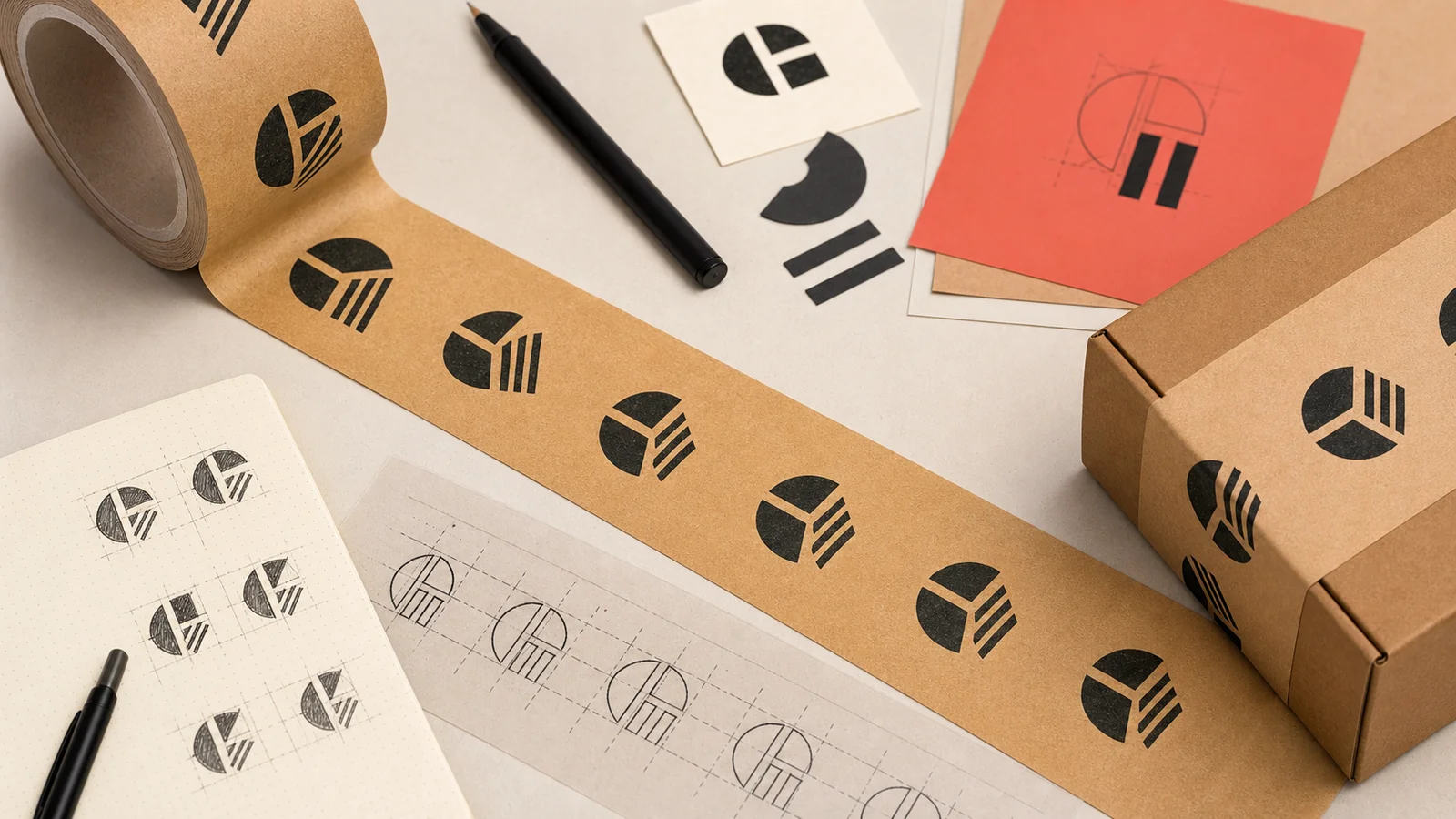 Designers creating repeating branded tape reviewing repeating logo pattern packaging tape requirements at a packing station