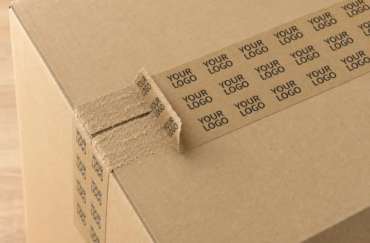 Illustrative logo-printed kraft paper tape partly lifted from a corrugated carton