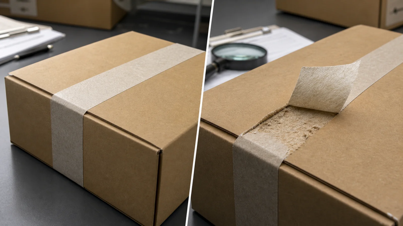 Side-by-side inspection of an intact paper tape seal and a visibly disturbed carton seal