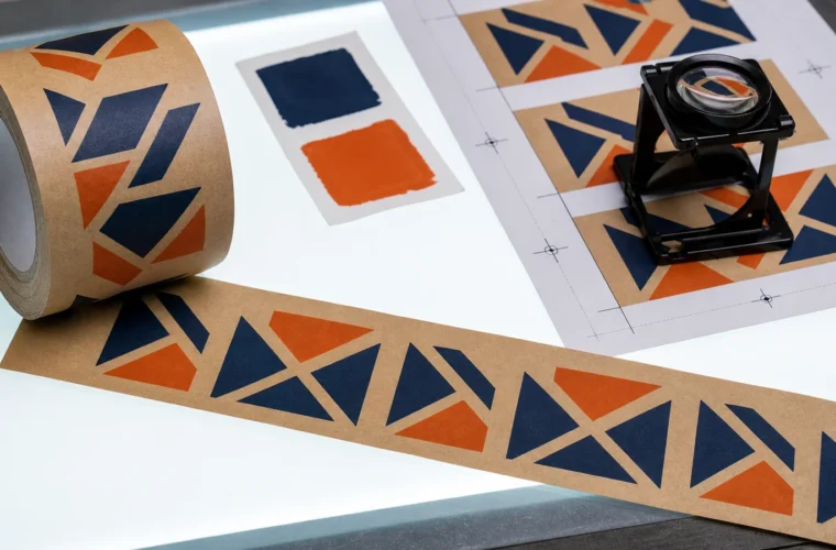 Brand and procurement teams using two-color artwork reviewing two-color custom printed tape requirements at a packing station