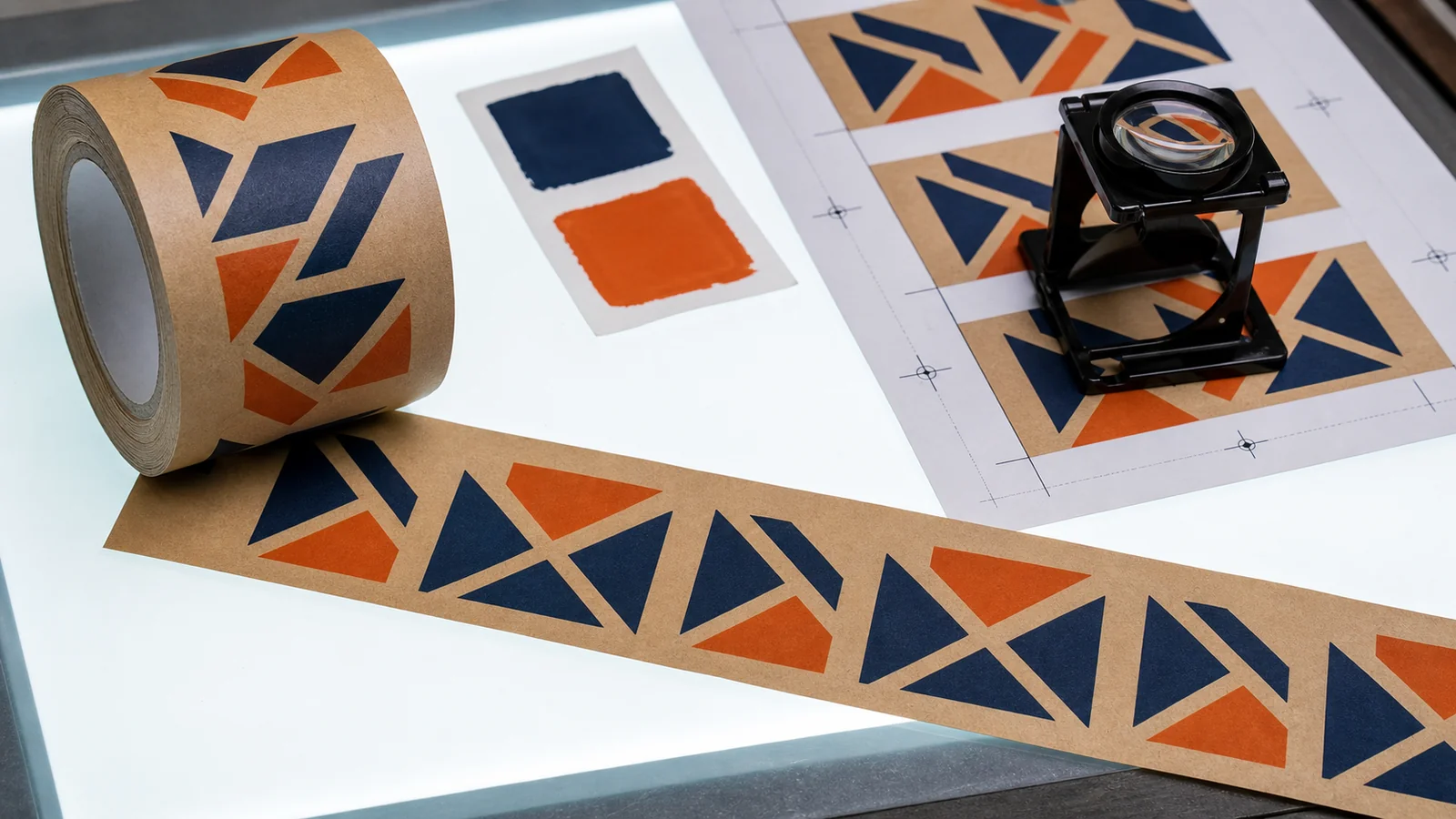 Brand and procurement teams using two-color artwork reviewing two-color custom printed tape requirements at a packing station