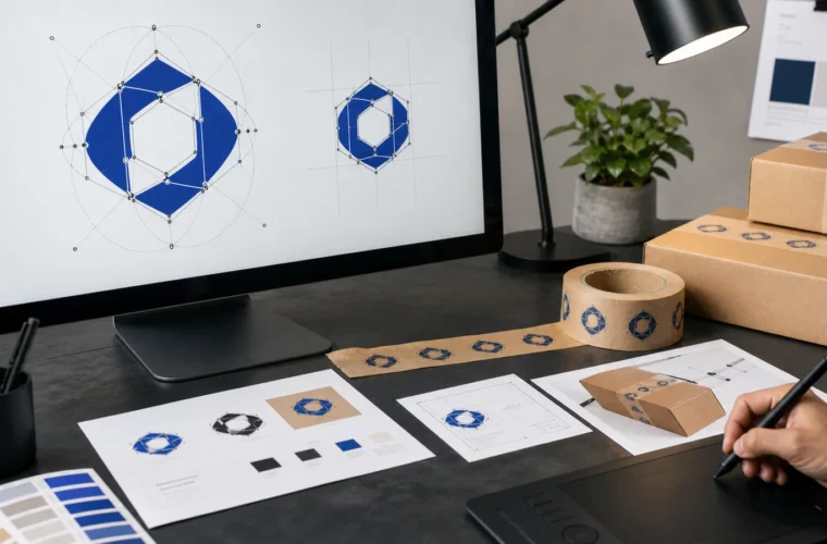 Brand teams preparing logo assets reviewing vector logo files for custom tape requirements at a packing station