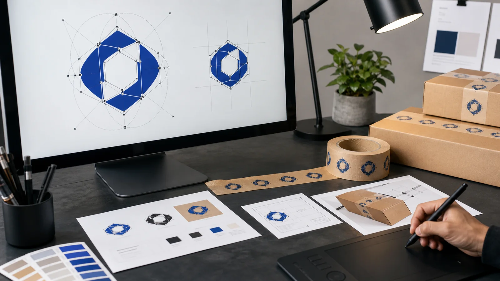Brand teams preparing logo assets reviewing vector logo files for custom tape requirements at a packing station
