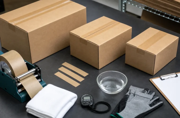Three sealed cardboard boxes beside a kraft tape dispenser, water bowl, cloth and checklist on a workbench