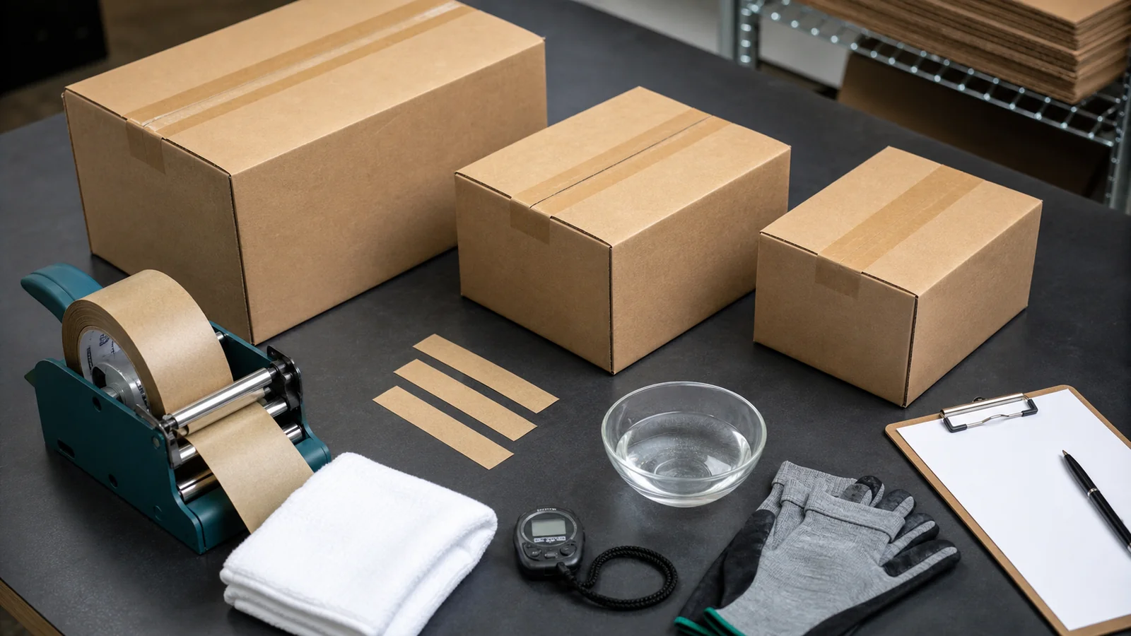 Three sealed cardboard boxes beside a kraft tape dispenser, water bowl, cloth and checklist on a workbench