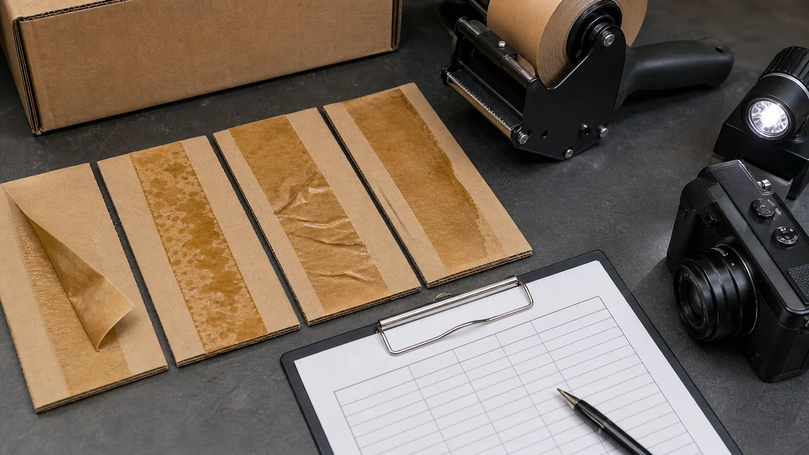 Packing teams investigating inconsistent application reviewing water-activated tape application troubleshooting requirements at a packing station