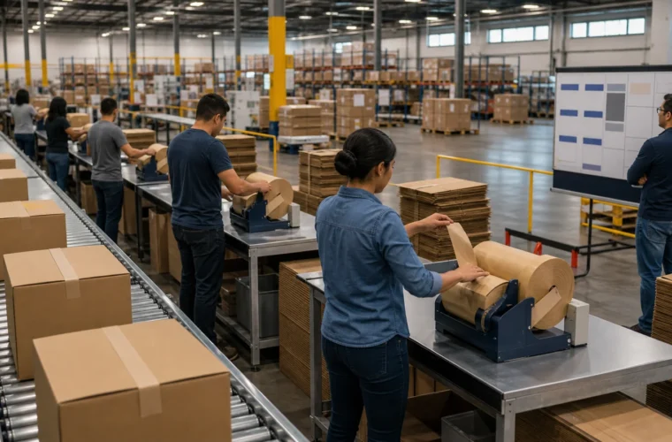 Fulfillment center managers reviewing water-activated tape for fulfillment centers requirements at a packing station