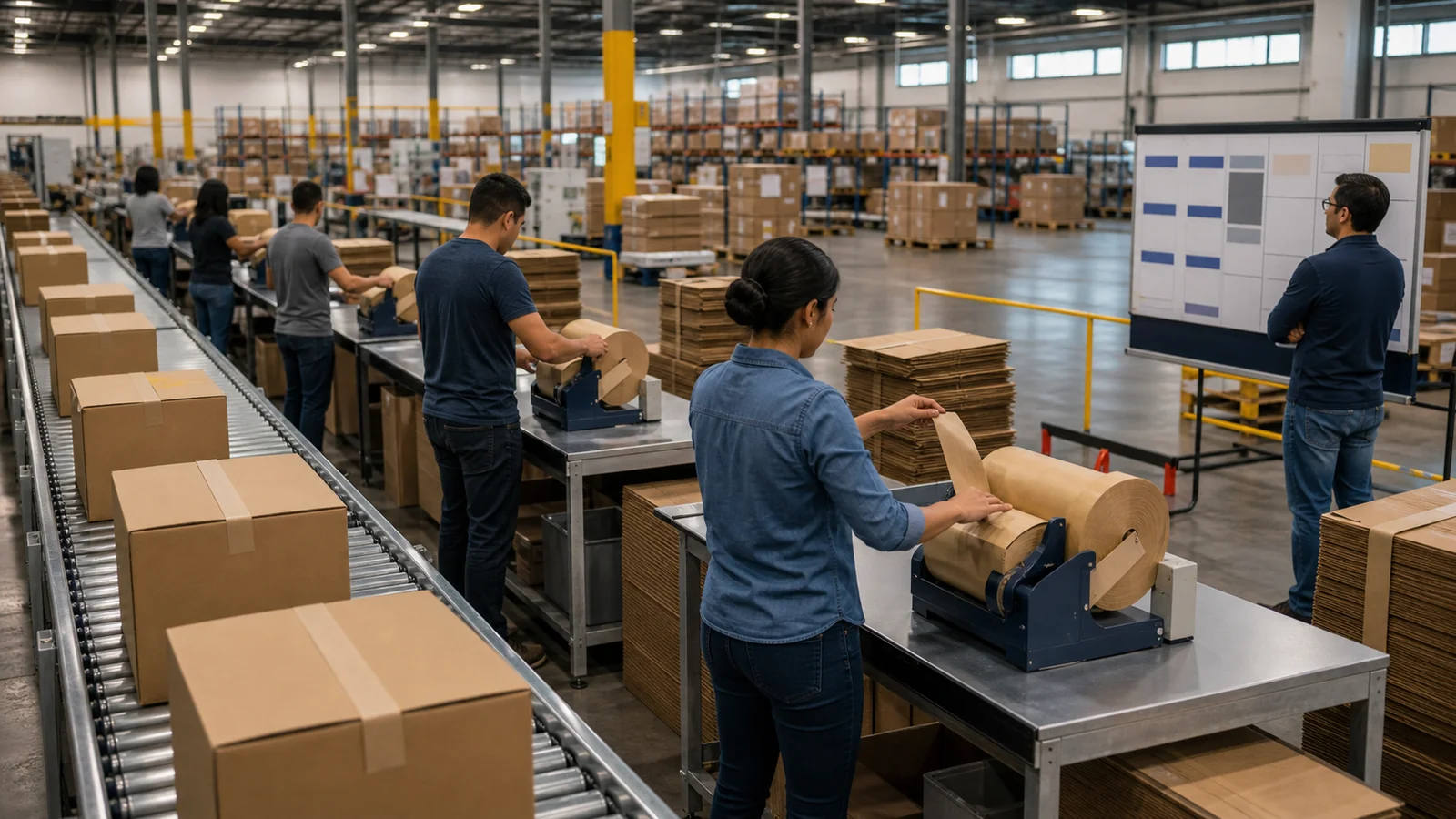 Fulfillment center managers reviewing water-activated tape for fulfillment centers requirements at a packing station