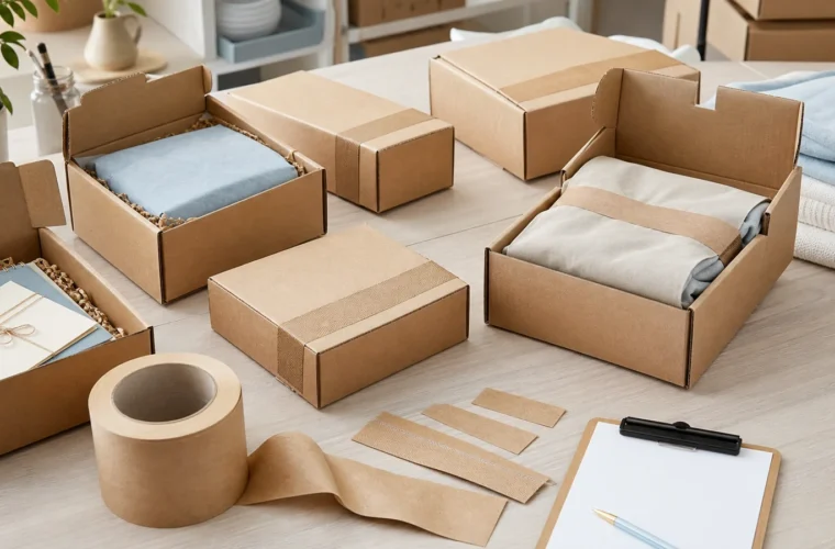 E-commerce teams shipping lighter products reviewing water-activated tape for lightweight boxes requirements at a packing station