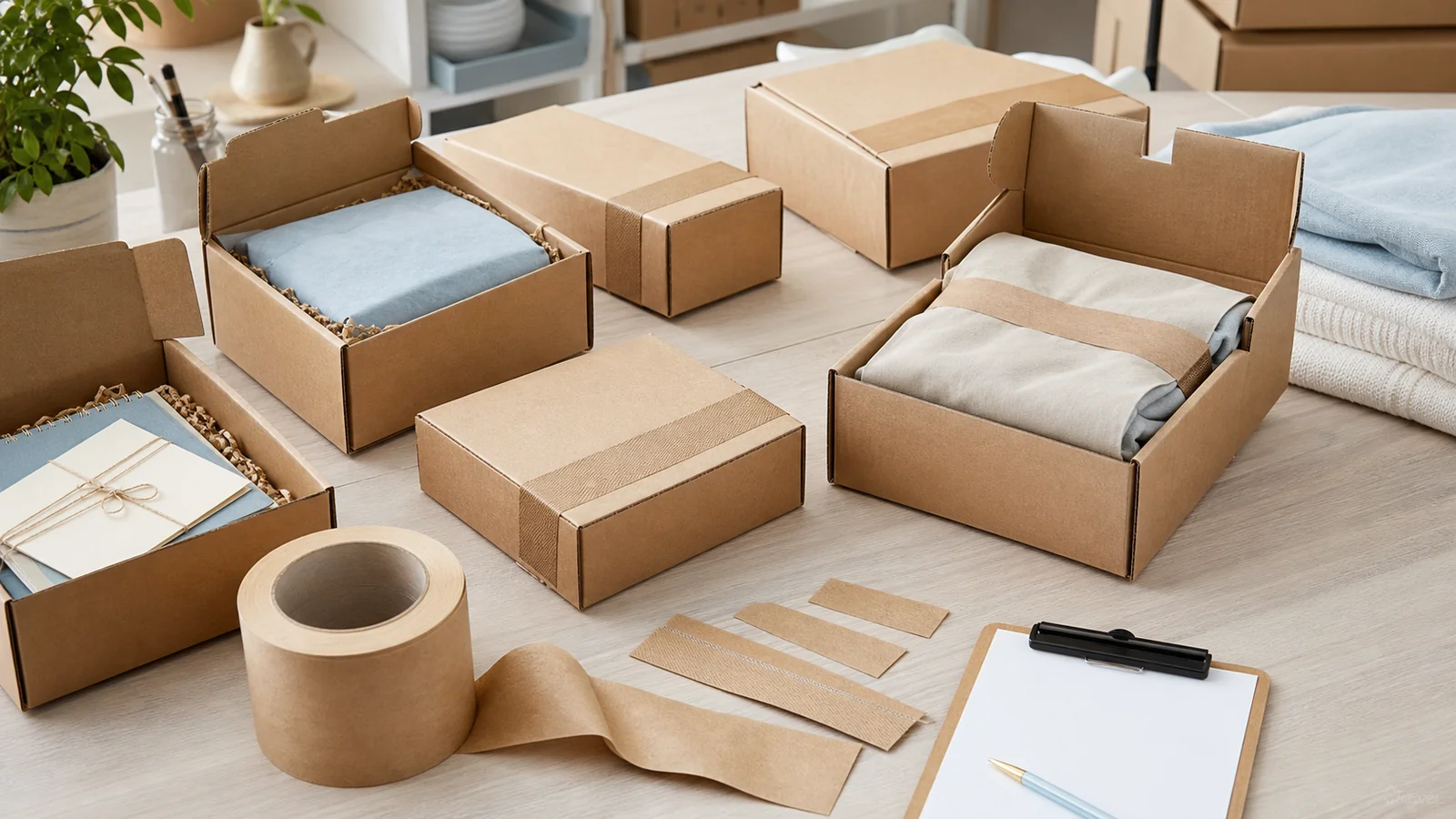 E-commerce teams shipping lighter products reviewing water-activated tape for lightweight boxes requirements at a packing station