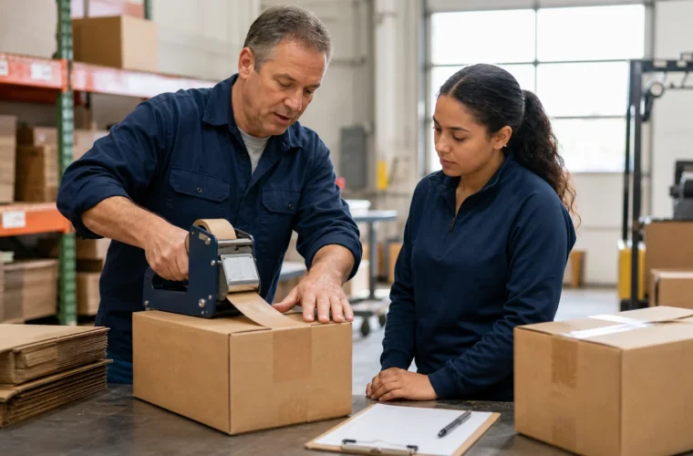 Warehouse trainers and shift supervisors reviewing water-activated tape operator training requirements at a packing station