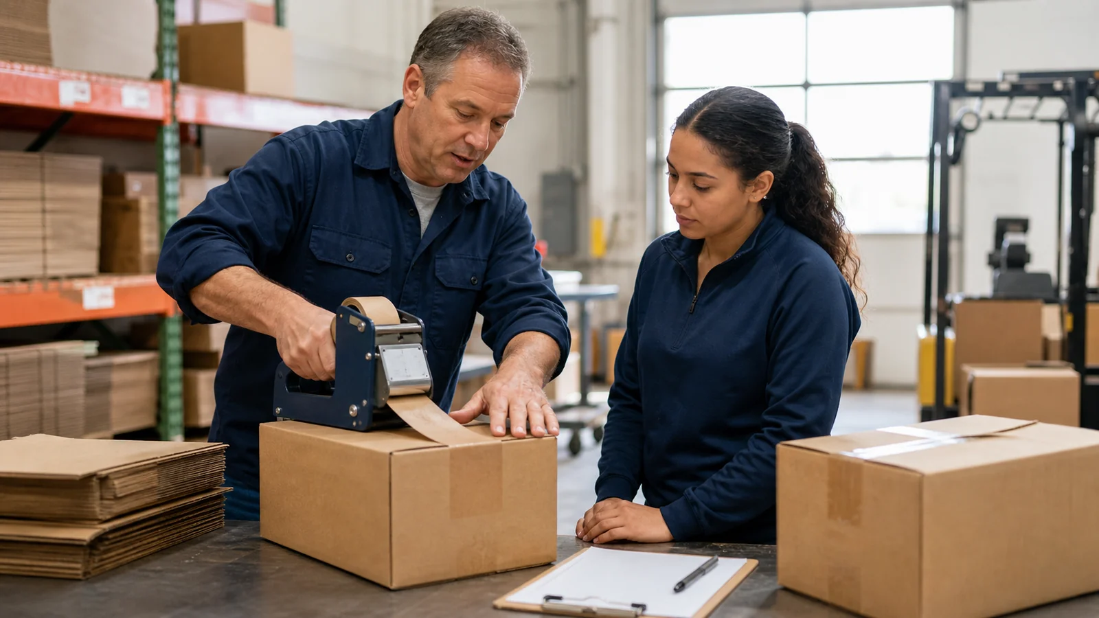 Warehouse trainers and shift supervisors reviewing water-activated tape operator training requirements at a packing station