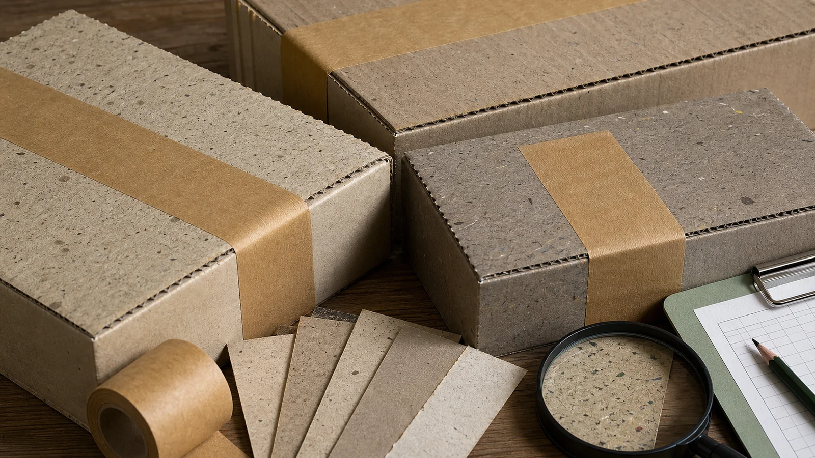 Brands using corrugated boxes with variable recycled content reviewing water-activated tape recycled corrugated boxes requirements at a packing station