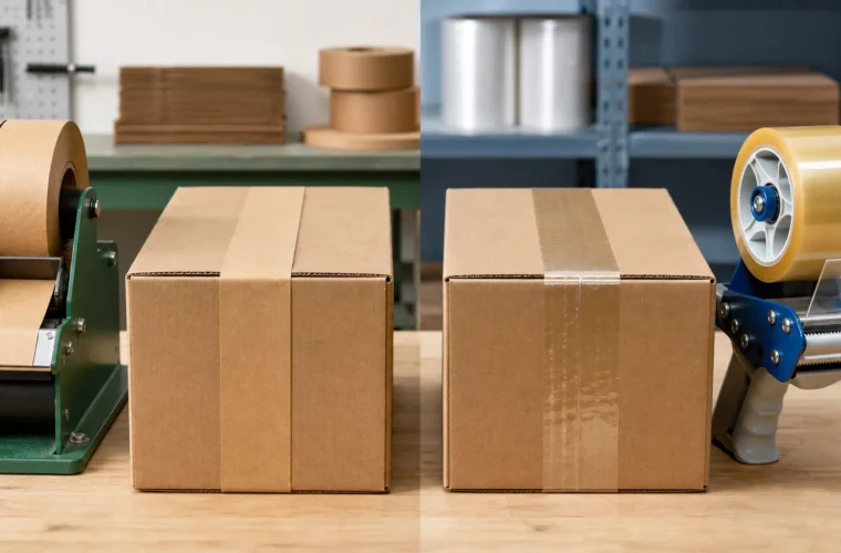 Water-activated kraft paper tape and transparent BOPP tape compared on matching cartons