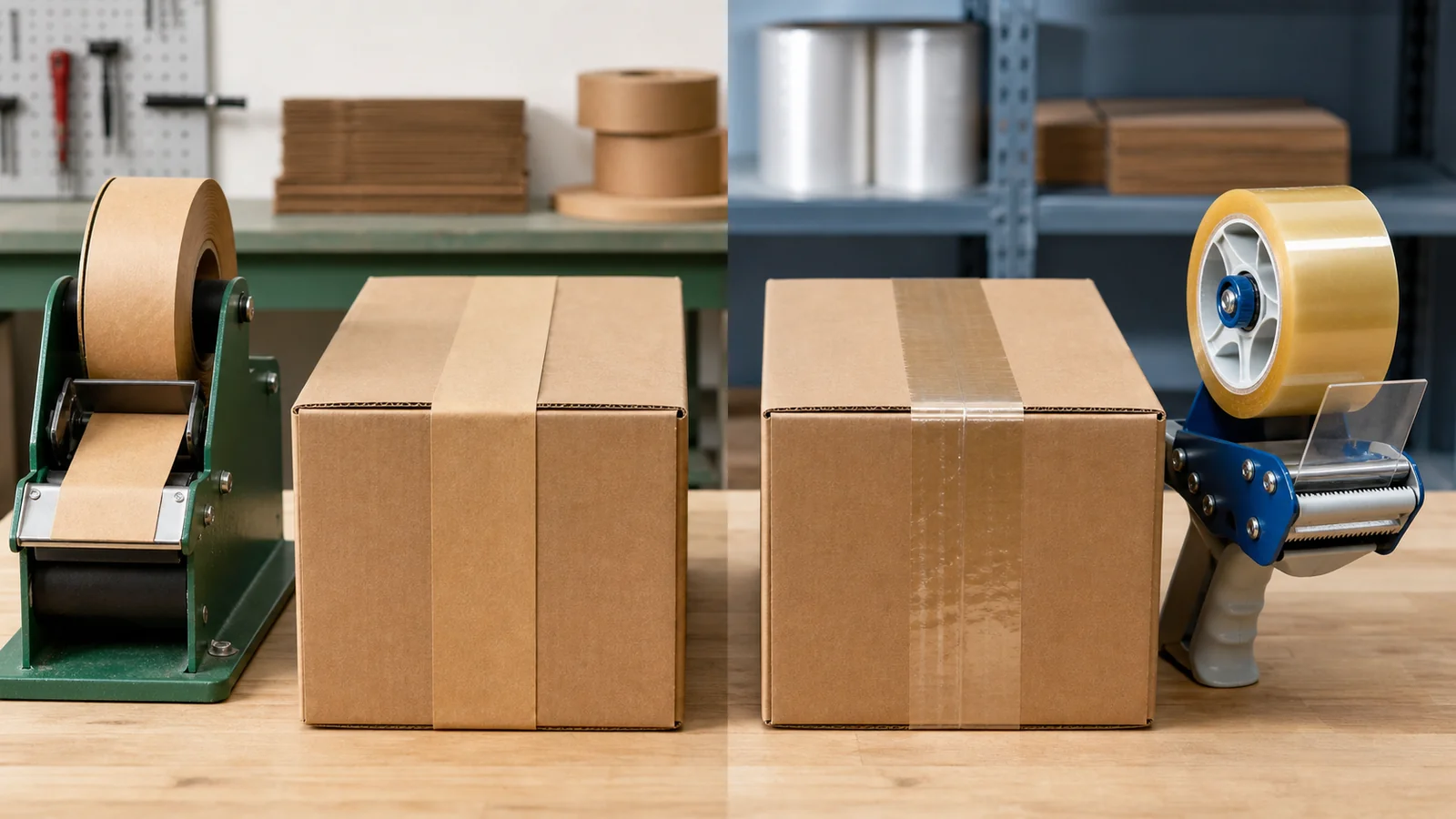 Water-activated kraft paper tape and transparent BOPP tape compared on matching cartons