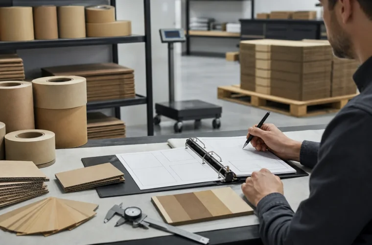 Packaging distributors building an enquiry reviewing wholesale custom gummed tape requirements at a packing station