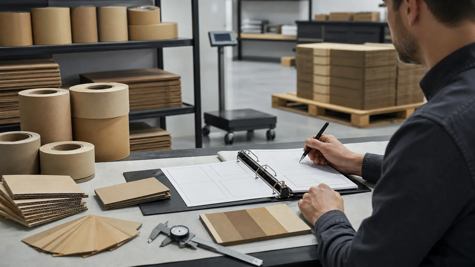 Packaging distributors building an enquiry reviewing wholesale custom gummed tape requirements at a packing station
