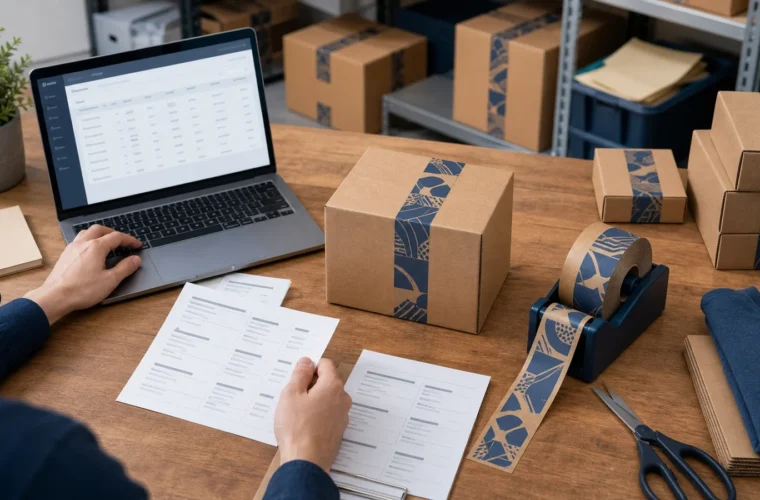 WooCommerce store owners reviewing WooCommerce custom packaging tape requirements at a packing station
