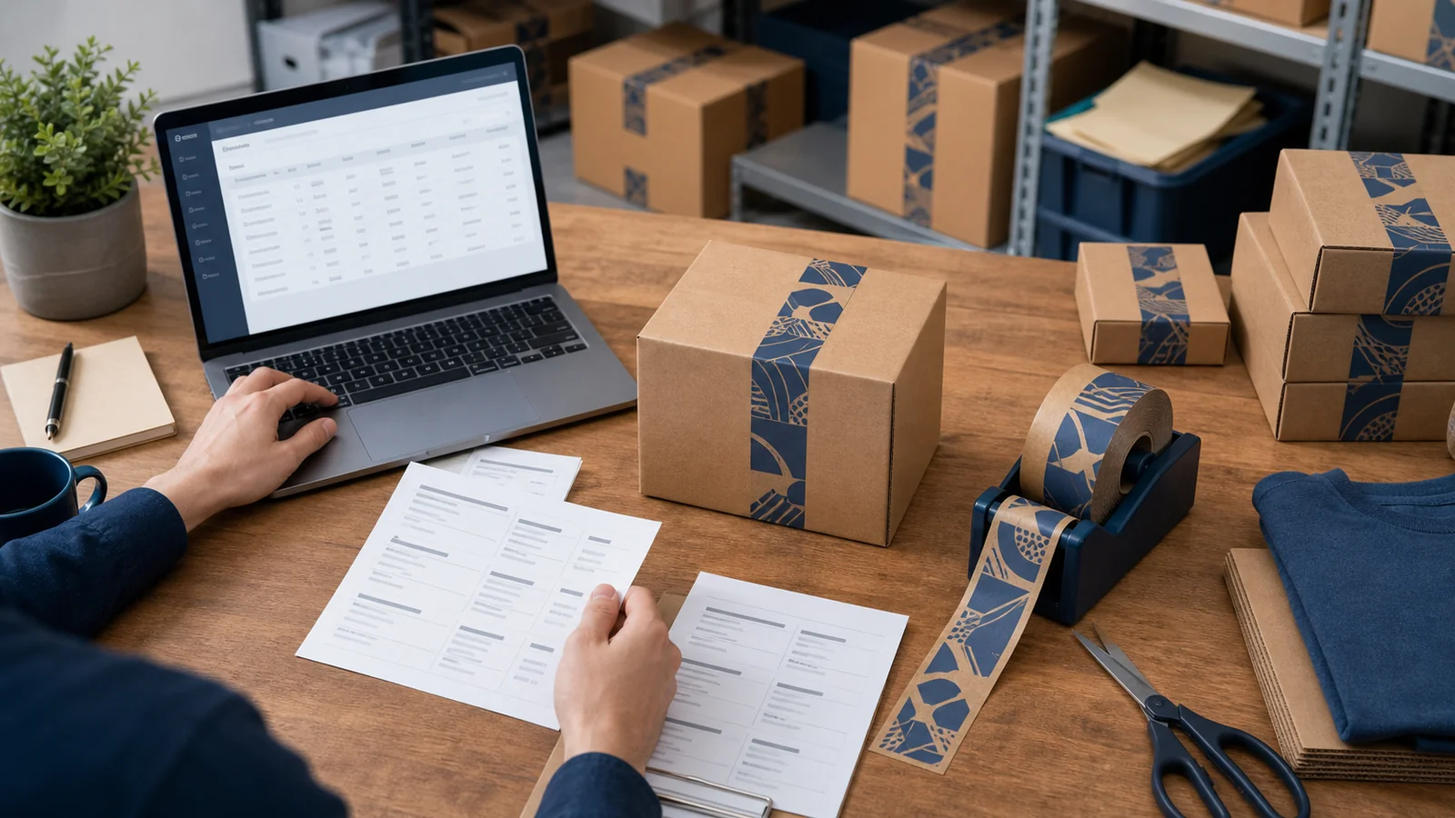 WooCommerce store owners reviewing WooCommerce custom packaging tape requirements at a packing station