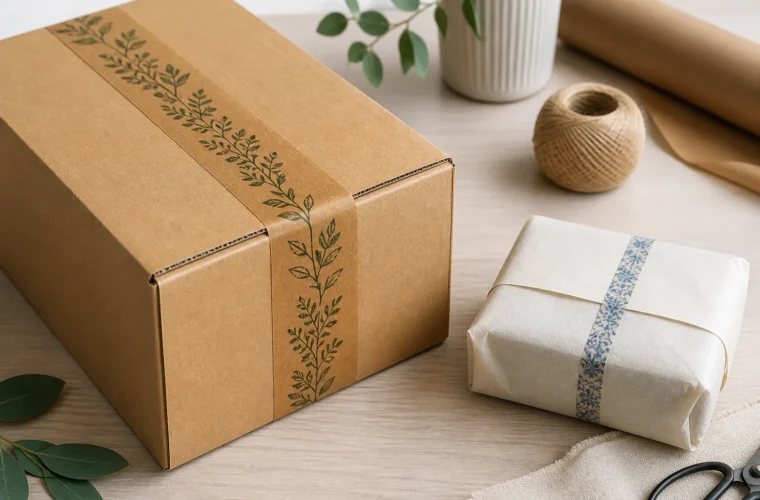Custom kraft paper packing tape on a shipping carton compared with decorative washi tape on tissue paper