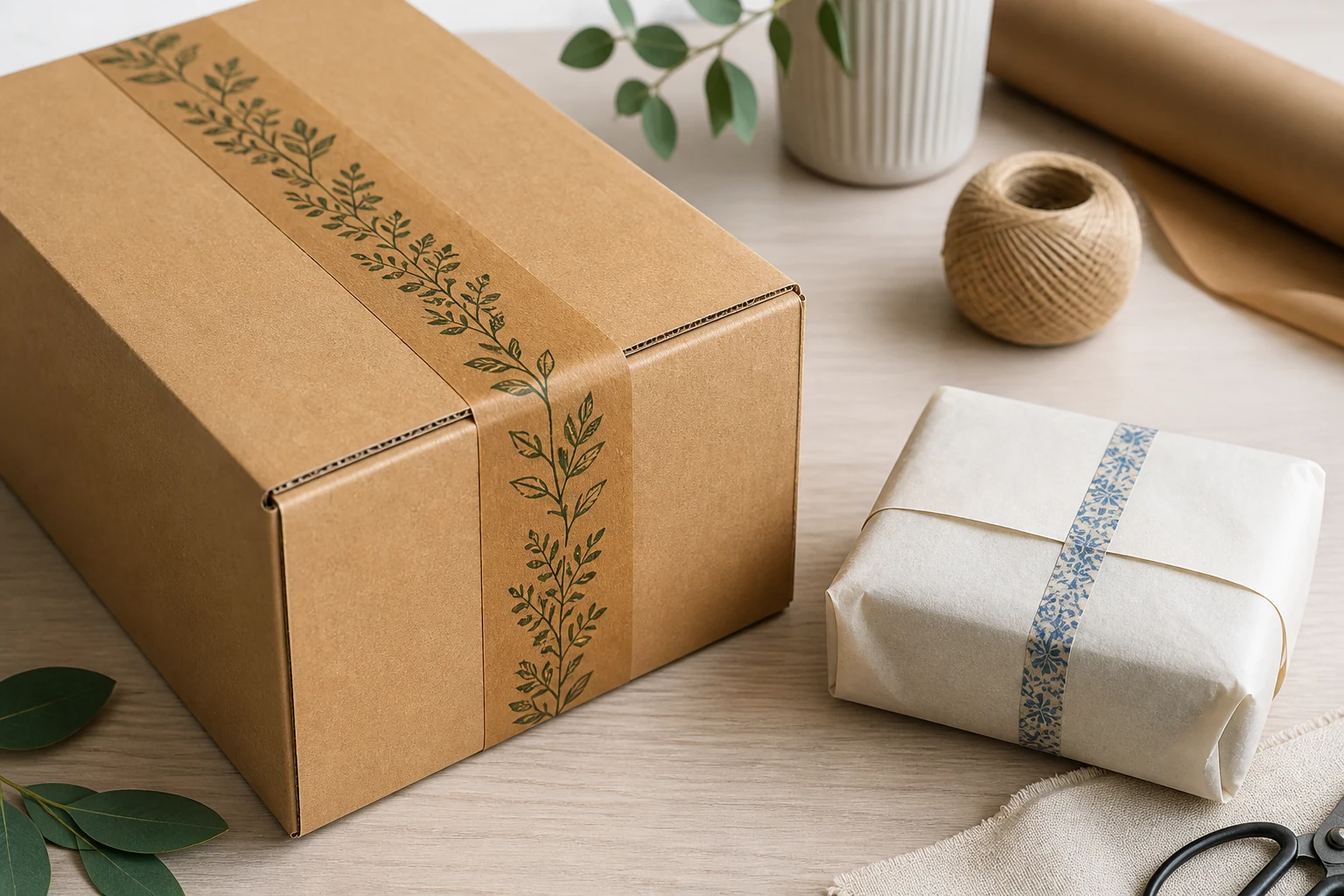 Custom kraft paper packing tape on a shipping carton compared with decorative washi tape on tissue paper