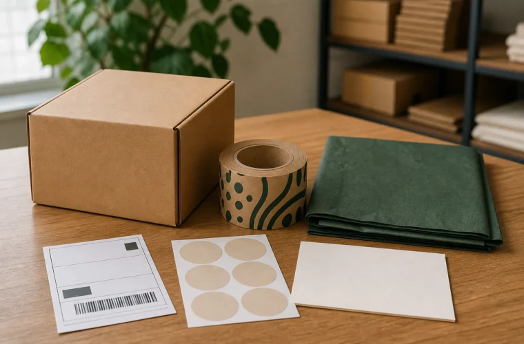 Shopify store packaging checklist with a corrugated box, custom kraft paper tape, tissue paper, stickers, and an insert