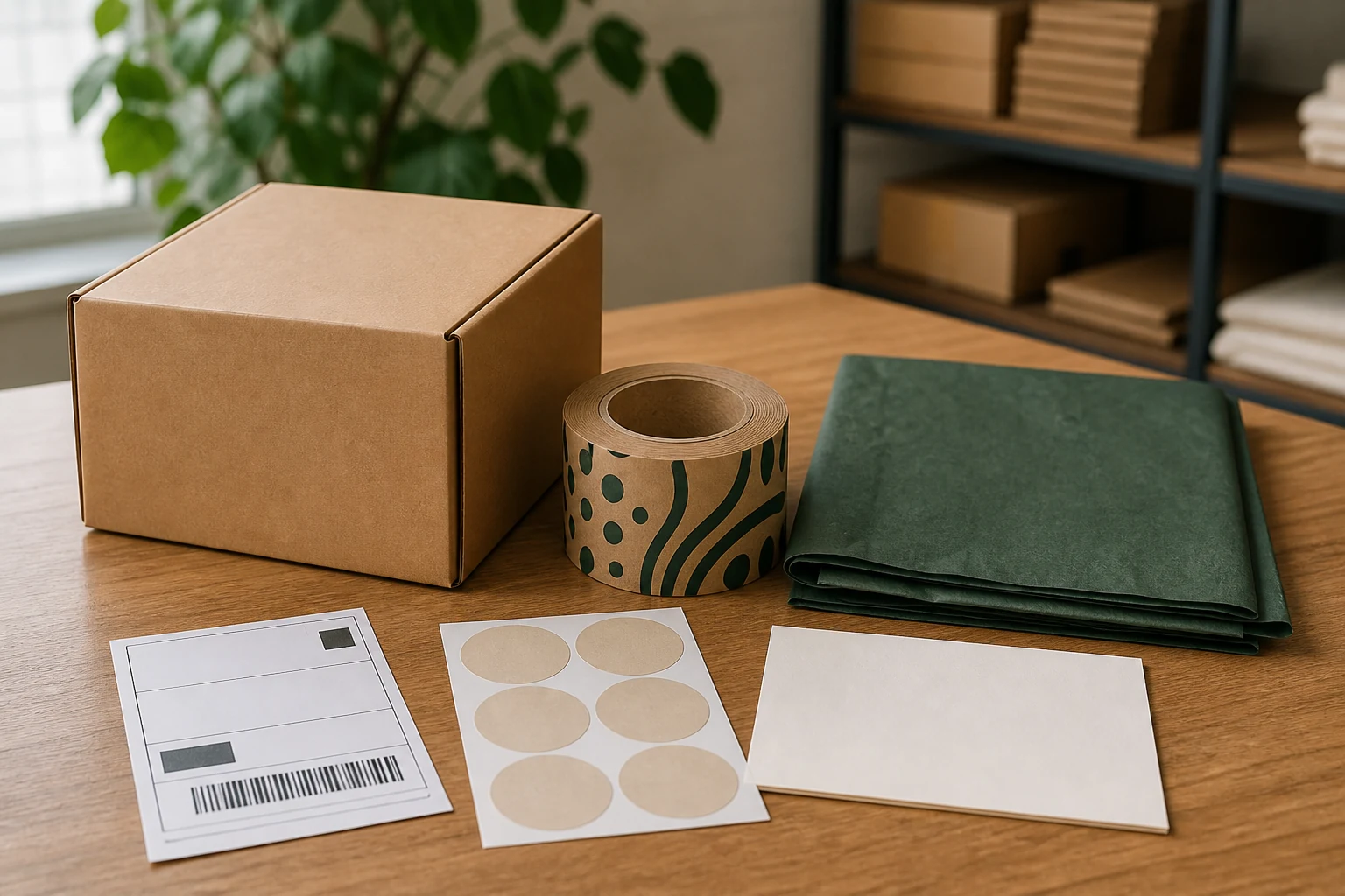 Shopify store packaging checklist with a corrugated box, custom kraft paper tape, tissue paper, stickers, and an insert