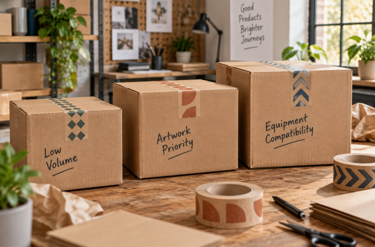 Three cartons representing order volume, artwork priorities and equipment compatibility