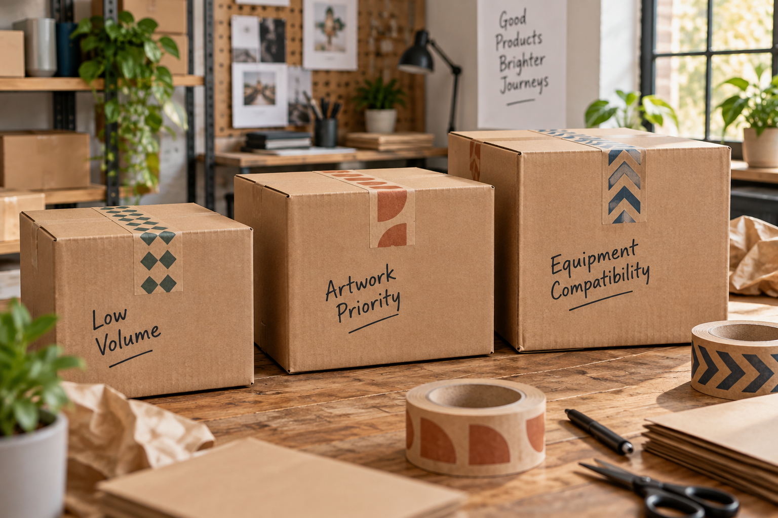 Three cartons representing order volume, artwork priorities and equipment compatibility