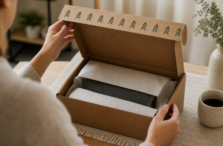 Customer opening a shipping box sealed with branded packing tape