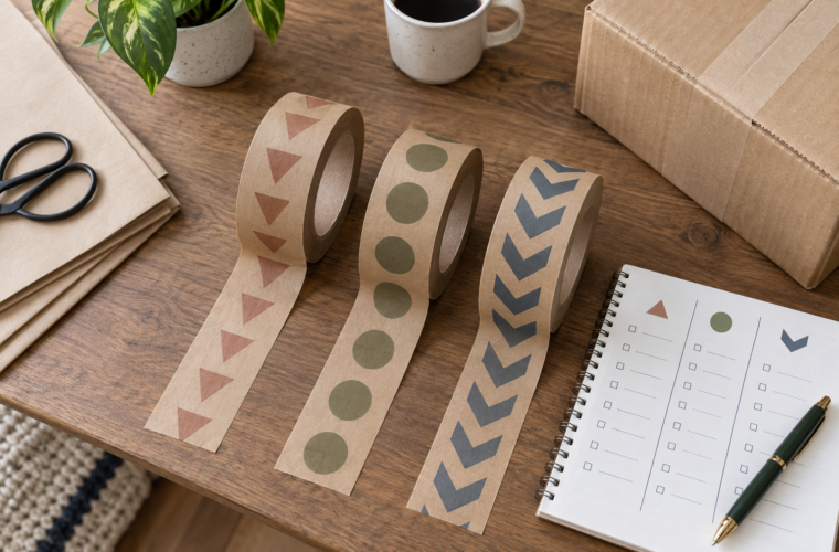 Three printed kraft tape samples beside a supplier comparison notebook and corrugated carton